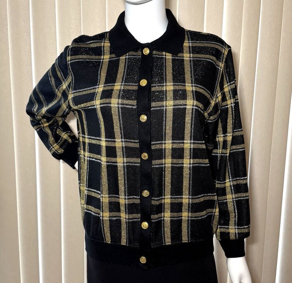 Vintage Petite Sophisticate M Black Gold Plaid Metallic Cardigan Jacket Glam